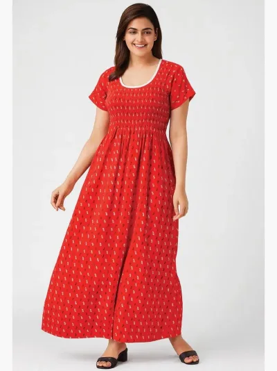 Women's Cotton Smocked Nighty – Red